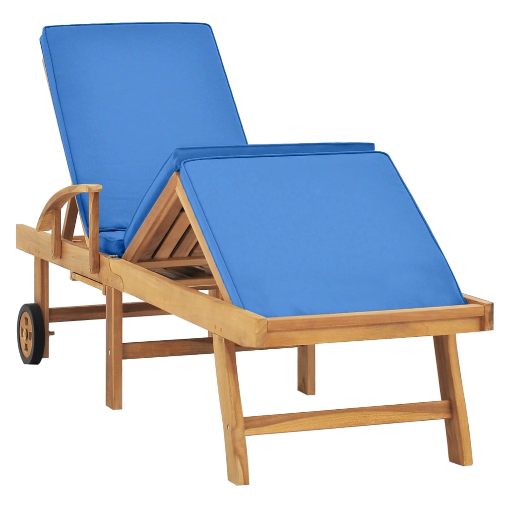 Sun lounger with cushion in solid teak wood in blue