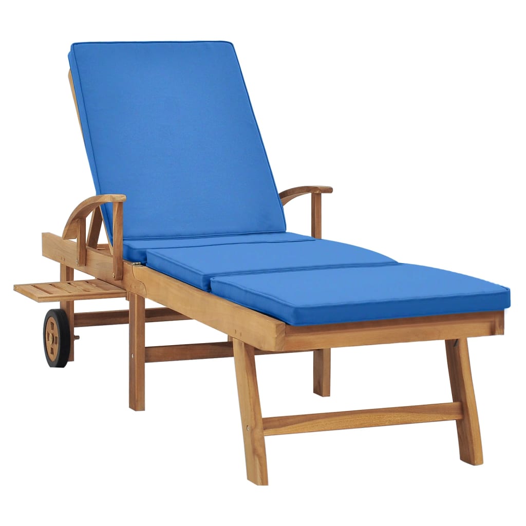 Sun lounger with cushion in solid teak wood in blue