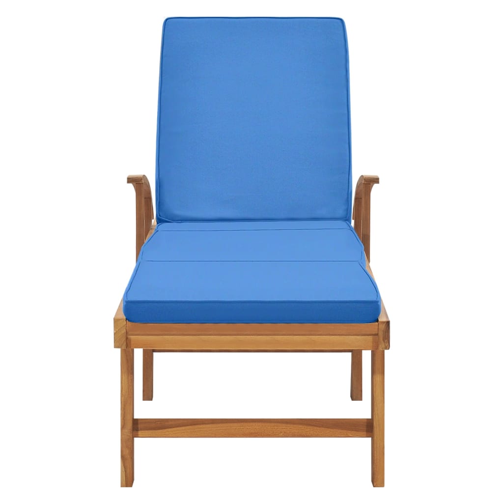 Sun lounger with cushion in solid teak wood in blue