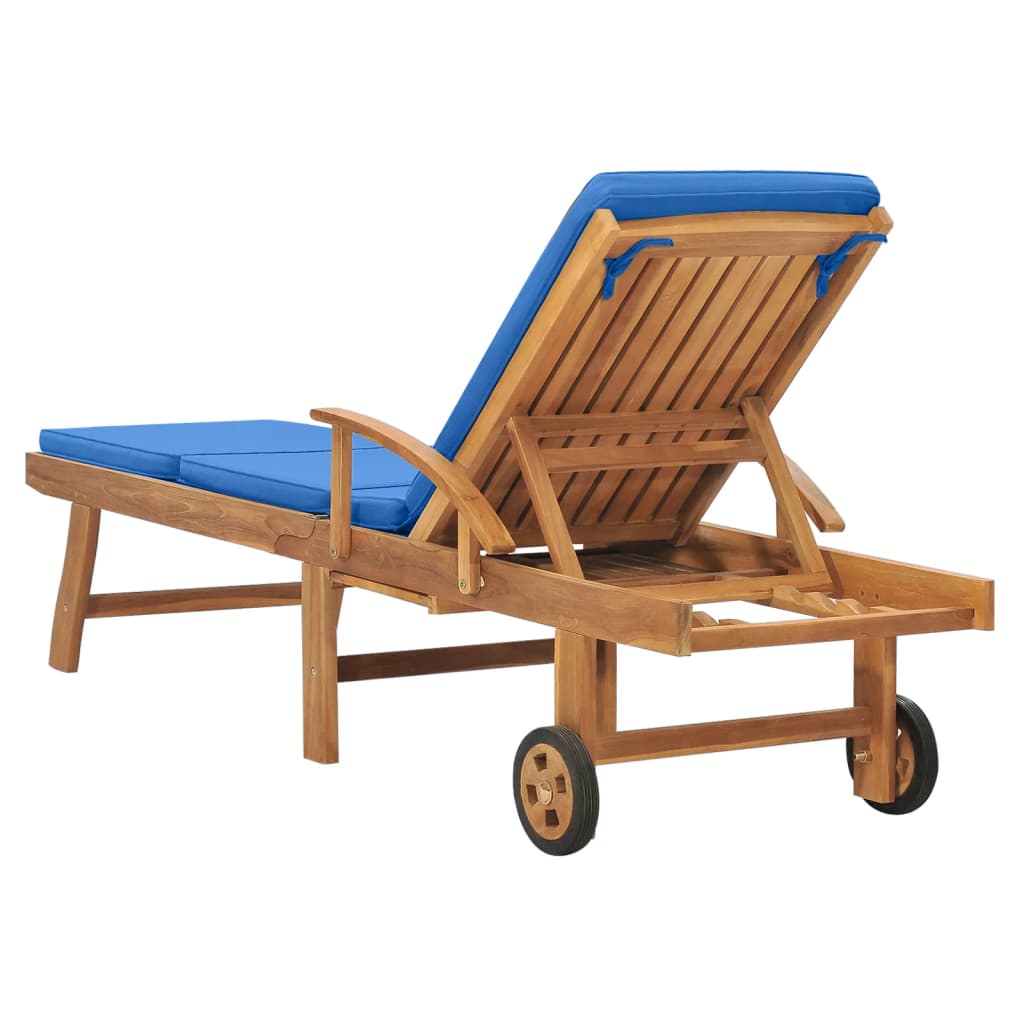 Sun lounger with cushion in solid teak wood in blue