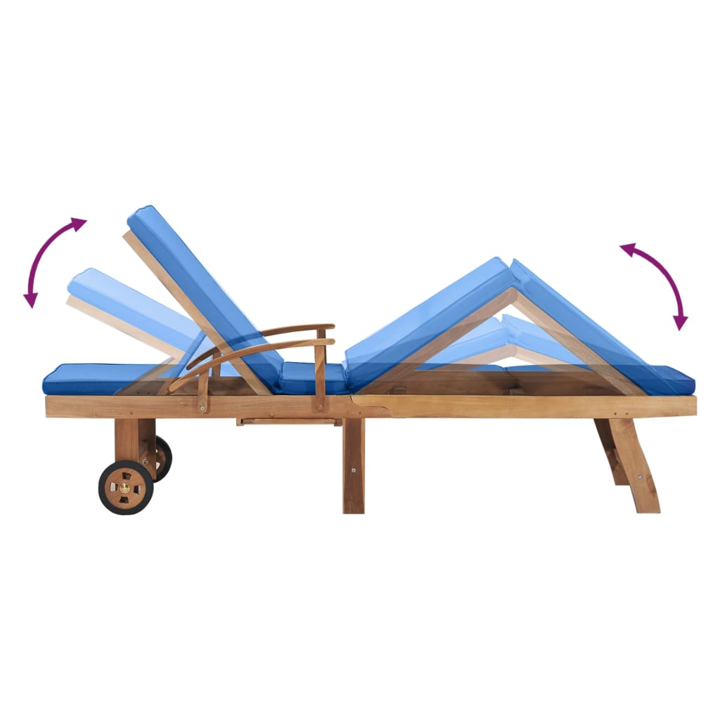 Sun lounger with cushion in solid teak wood in blue