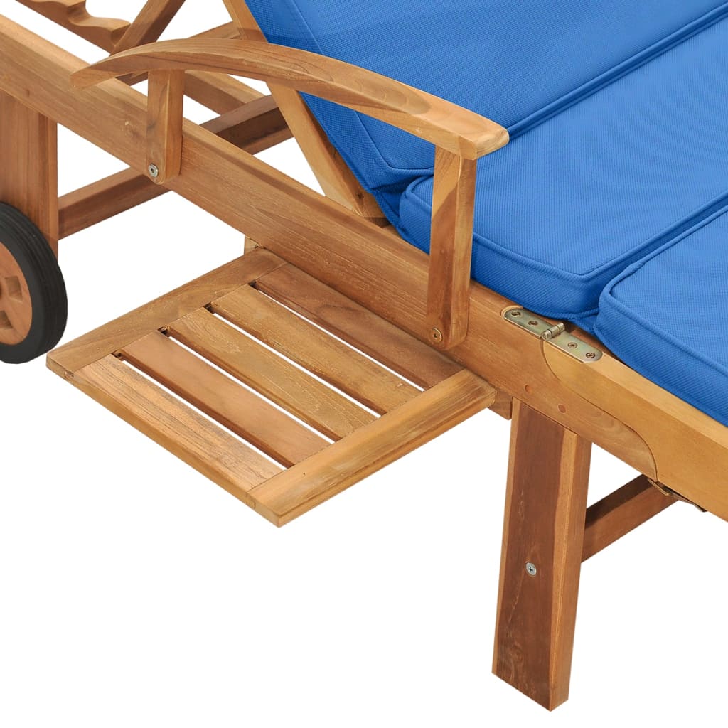 Sun lounger with cushion in solid teak wood in blue