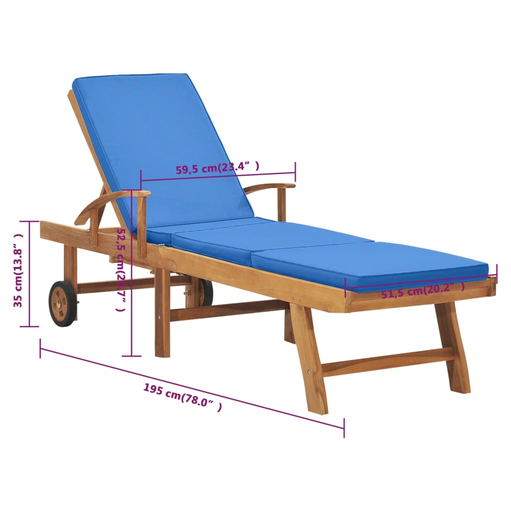 Sun lounger with cushion in solid teak wood in blue