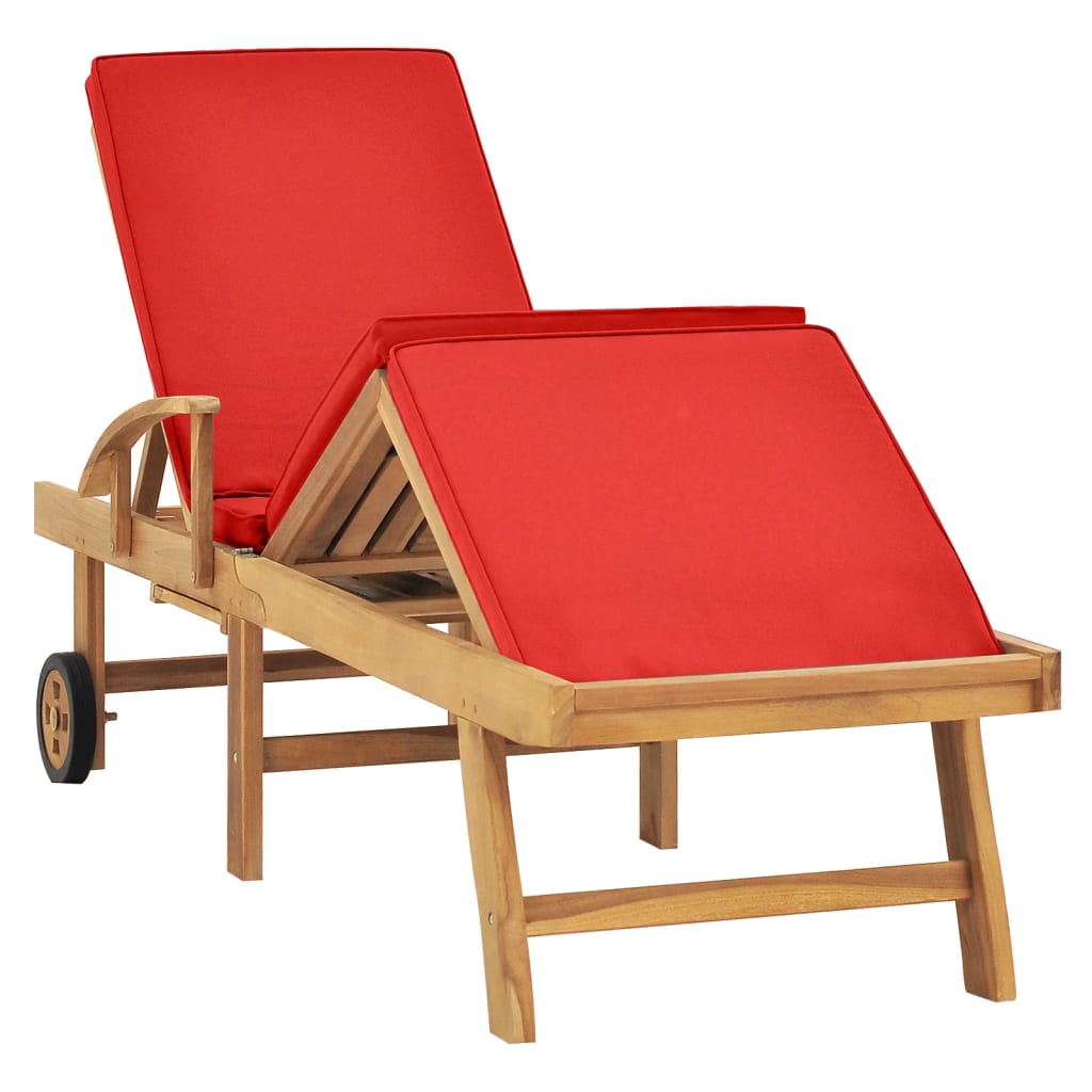 Red solid teak wood sun lounger with cushion