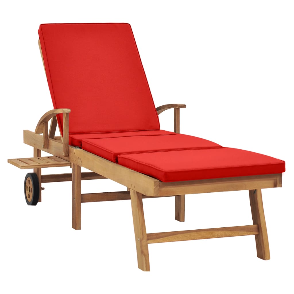 Red solid teak wood sun lounger with cushion