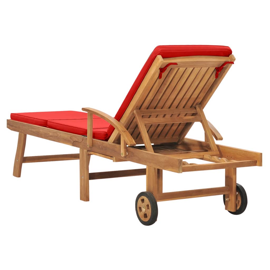 Red solid teak wood sun lounger with cushion