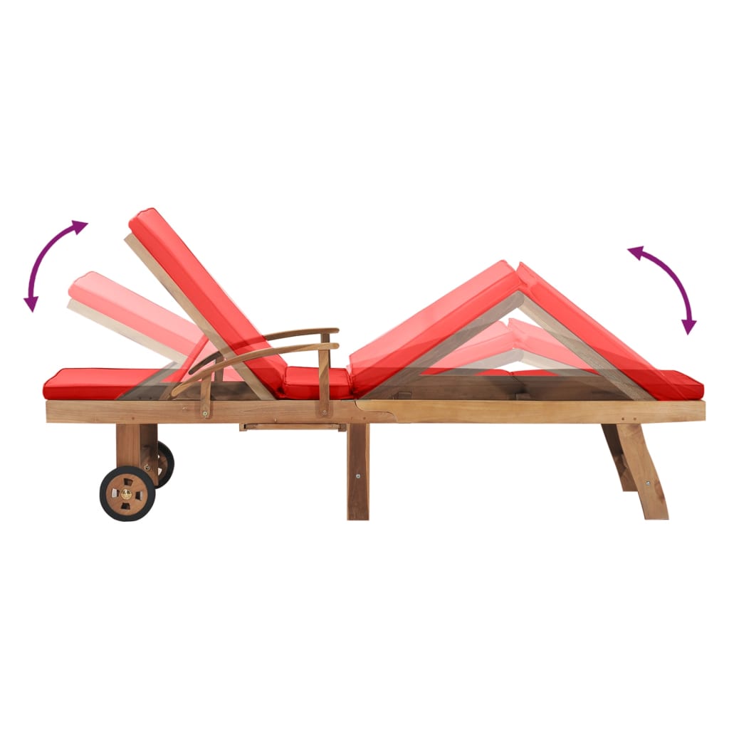 Red solid teak wood sun lounger with cushion
