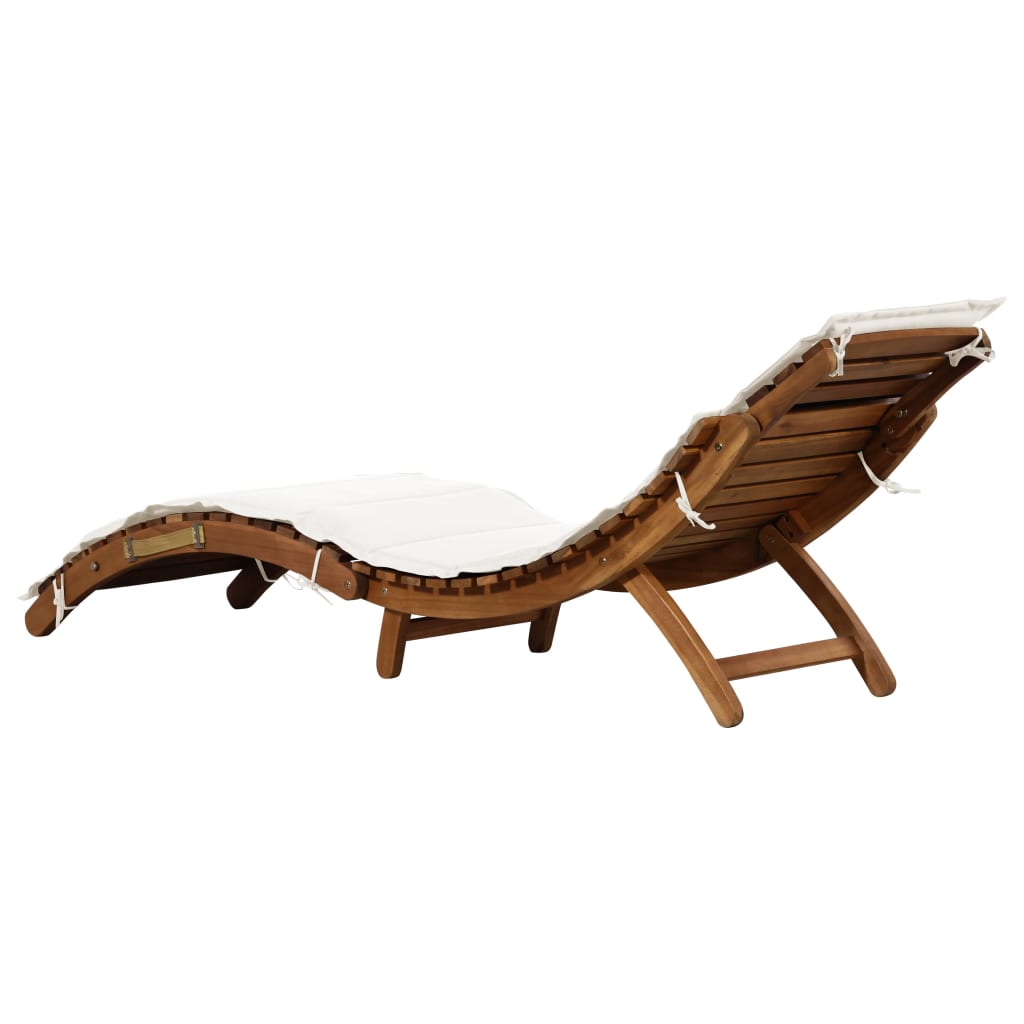 Sun lounger with cushion in solid acacia wood, cream colour