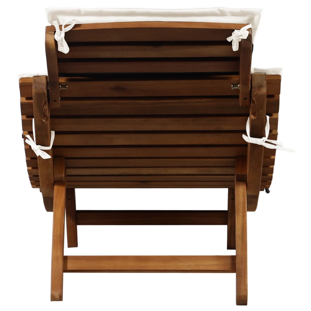 Sun lounger with cushion in solid acacia wood, cream colour
