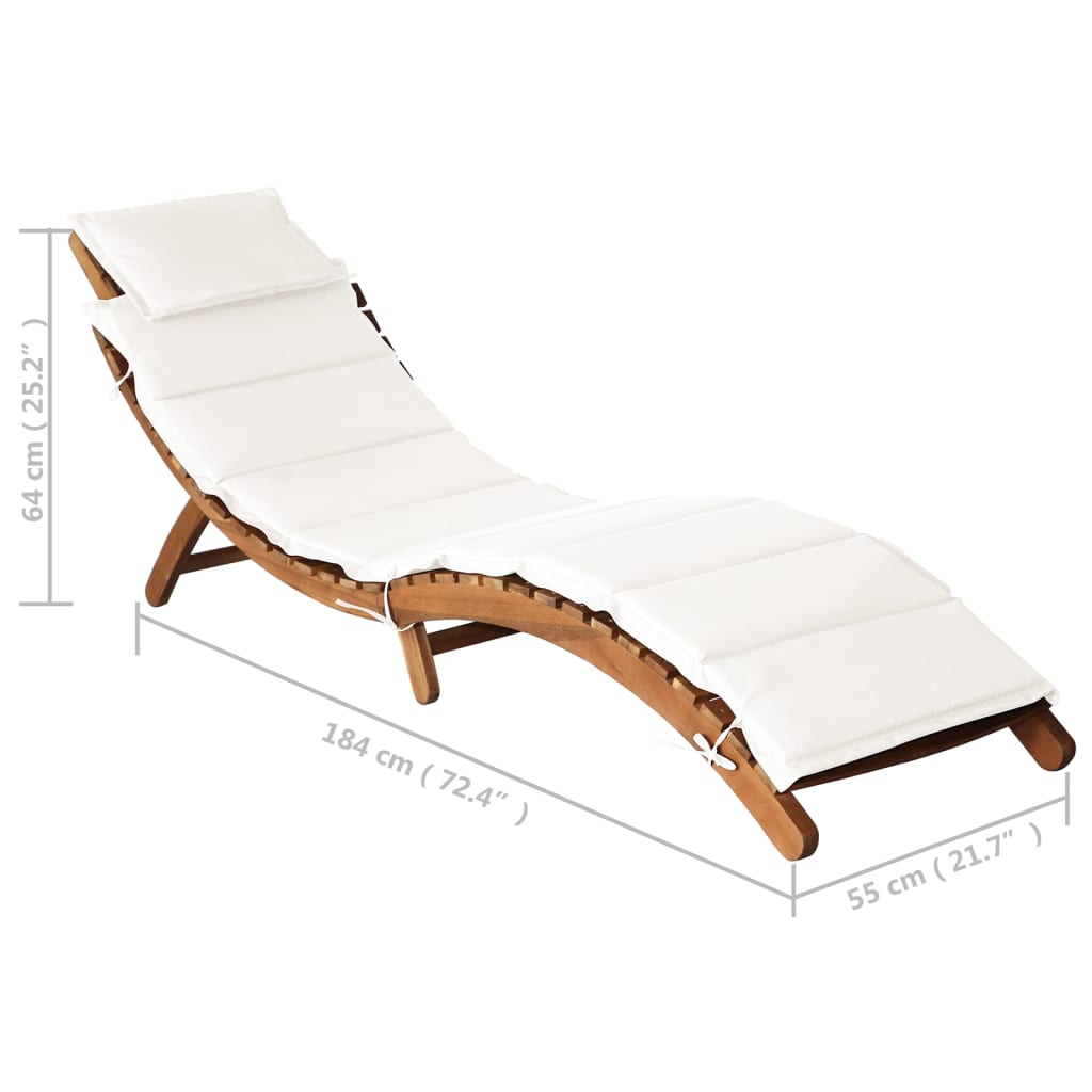 Sun lounger with cushion in solid acacia wood, cream colour