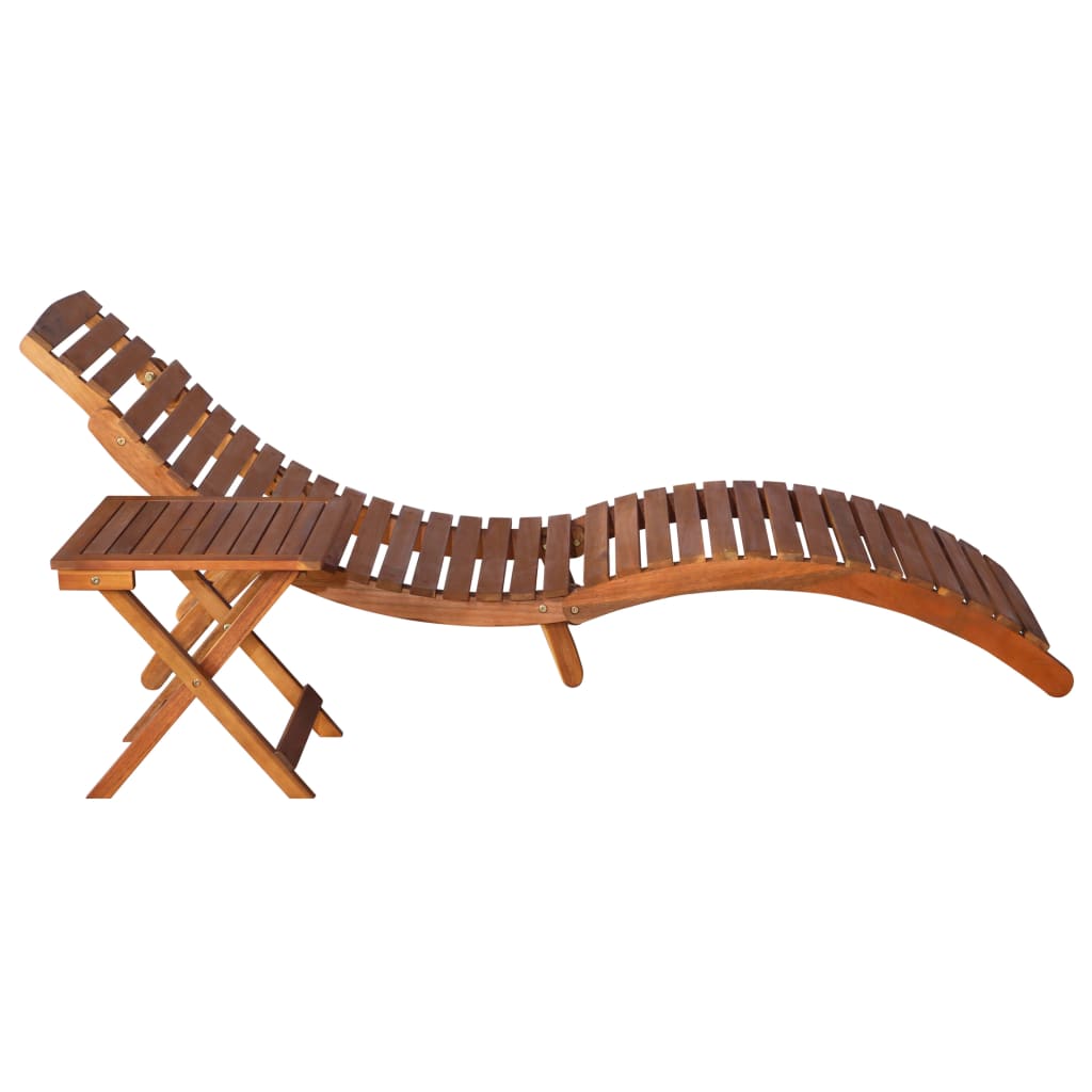 Sun lounger with table in solid acacia wood, brown