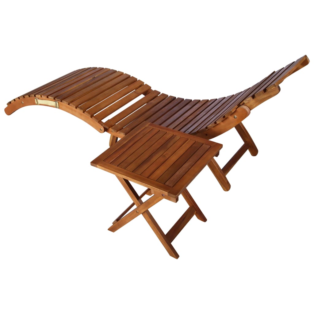 Sun lounger with table in solid acacia wood, brown