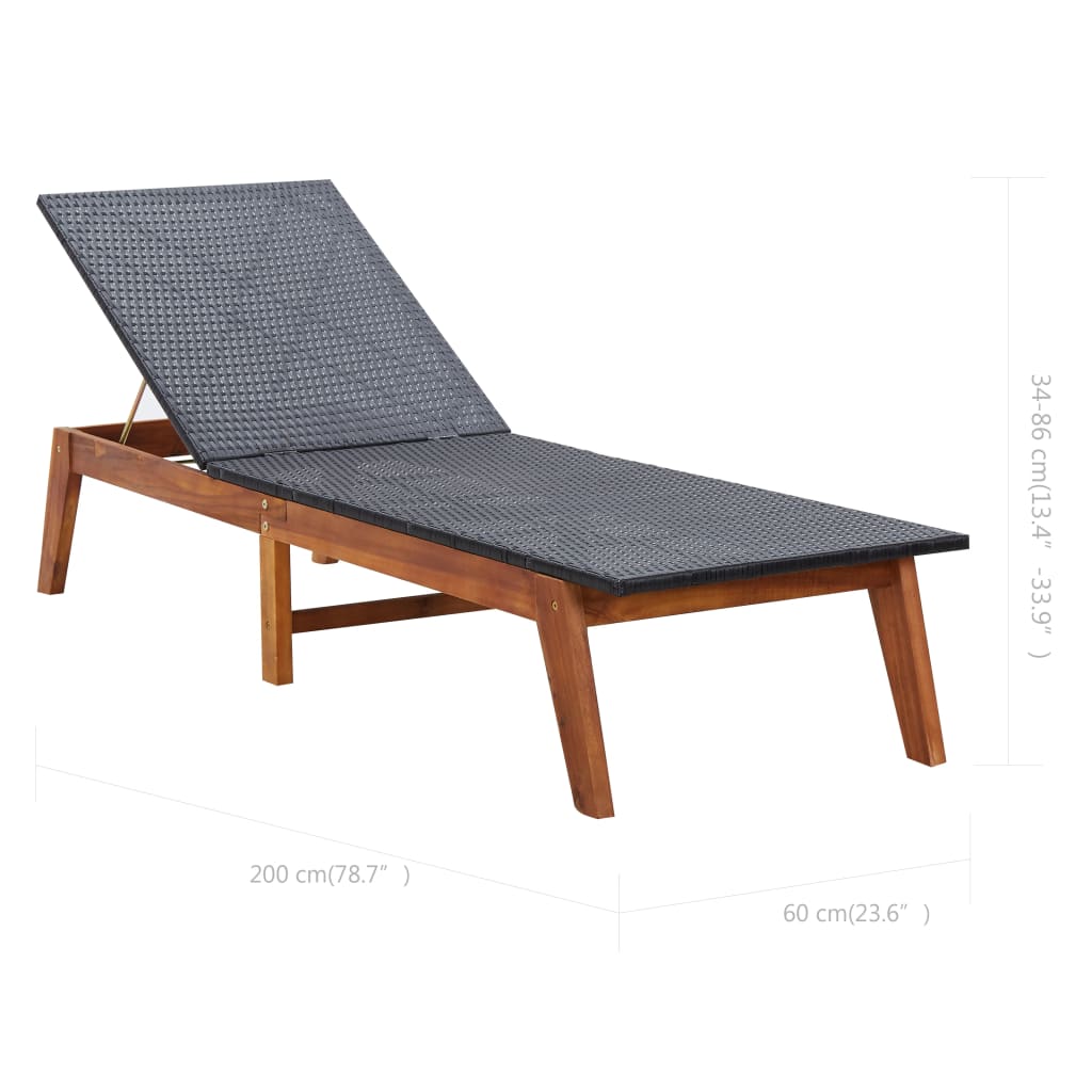 Sun lounger with PE wicker and solid acacia wood cushion