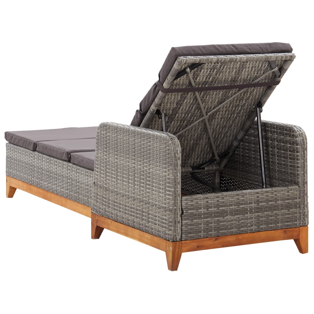 Grey PE wicker and solid acacia wood sun lounger