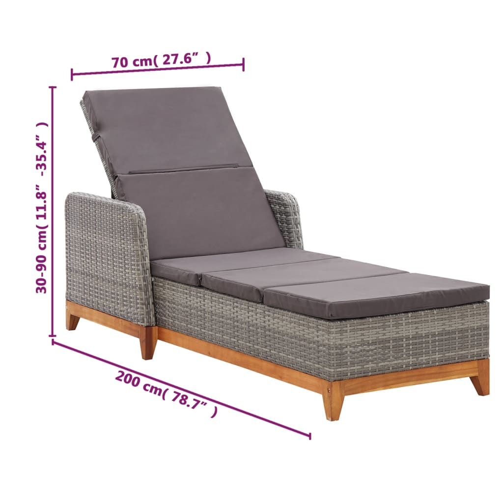 Grey PE wicker and solid acacia wood sun lounger