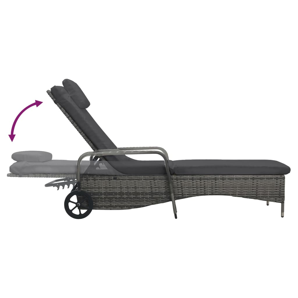 Grey PE wicker sun lounger with wheels