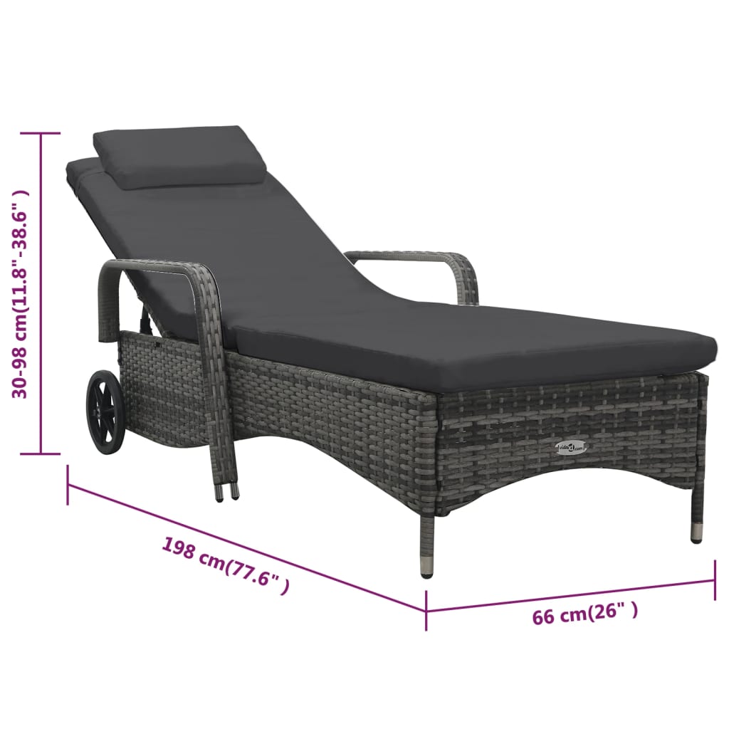 Grey PE wicker sun lounger with wheels