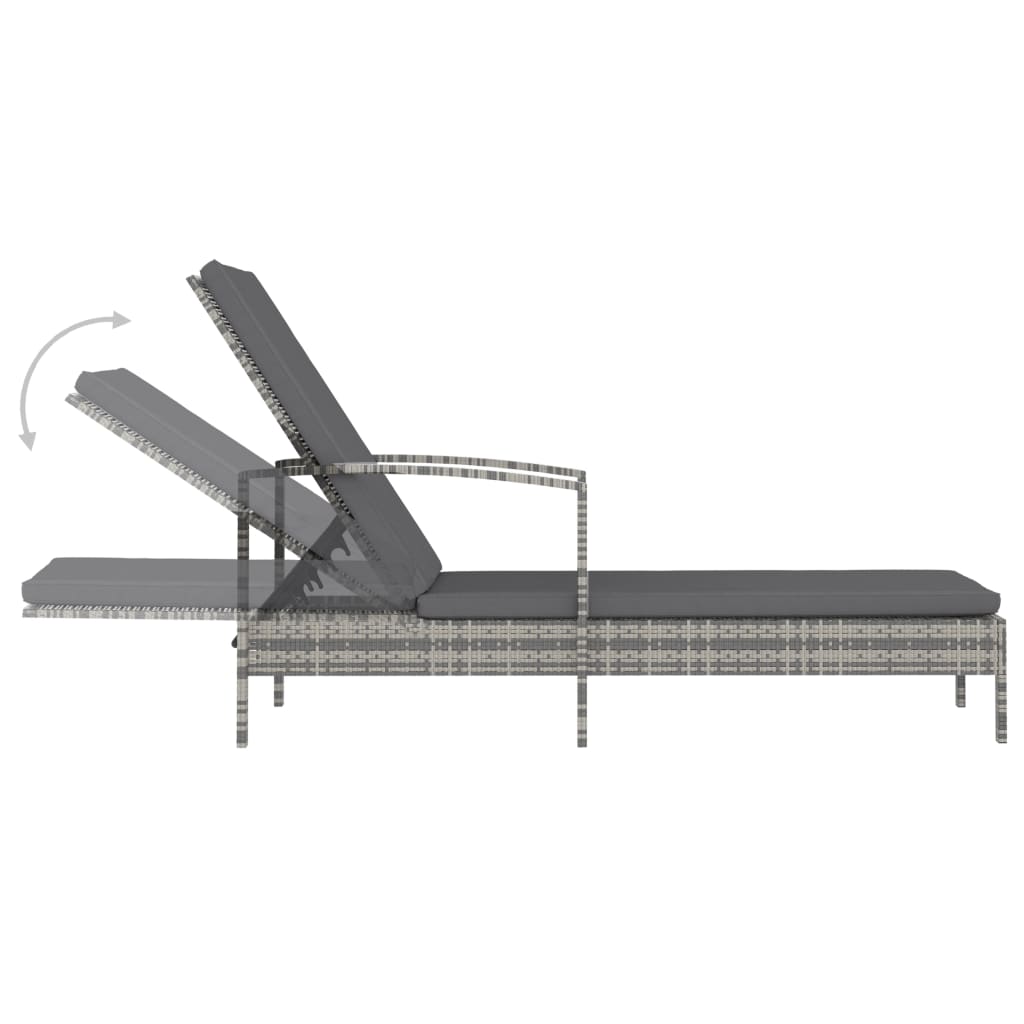 Sun lounger with armrests in grey PE wicker