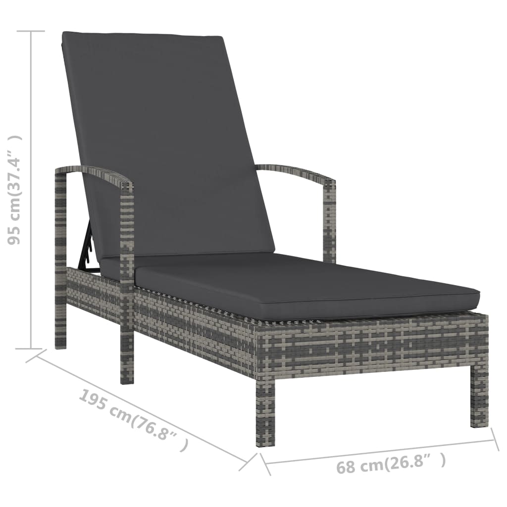 Sun lounger with armrests in grey PE wicker