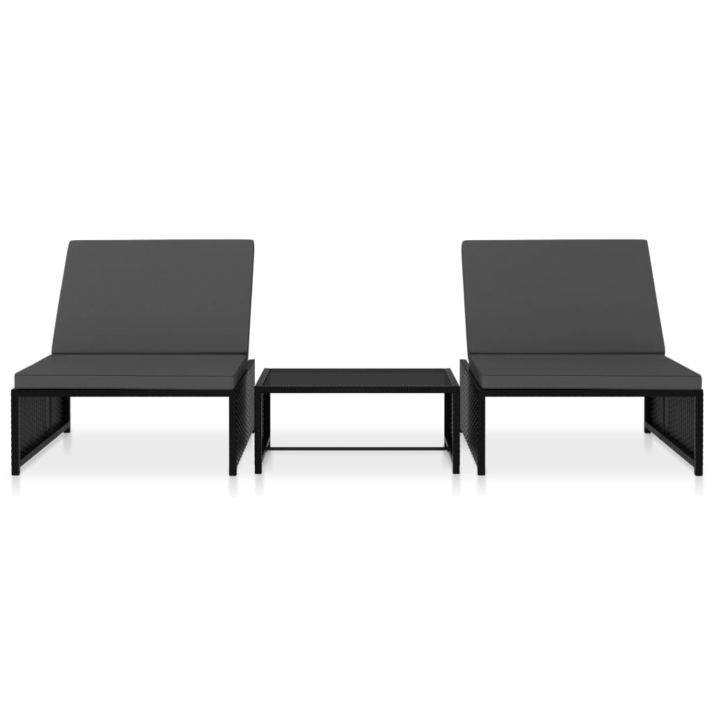 Sun loungers with table 2 pcs black PE rattan