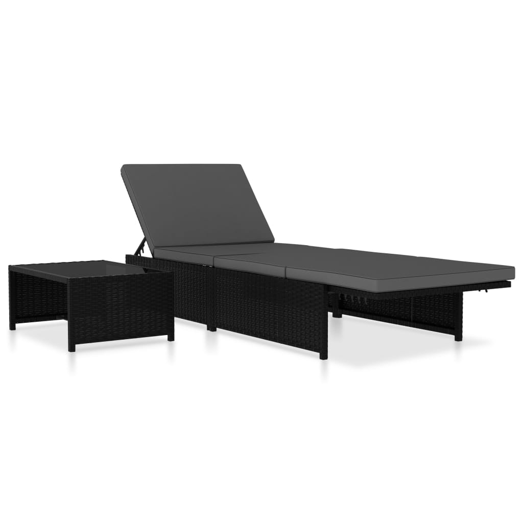 Sun loungers with table 2 pcs black PE rattan