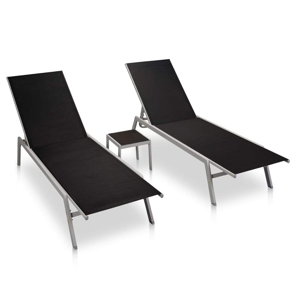 Sun loungers with table 2 pcs steel and black textilene
