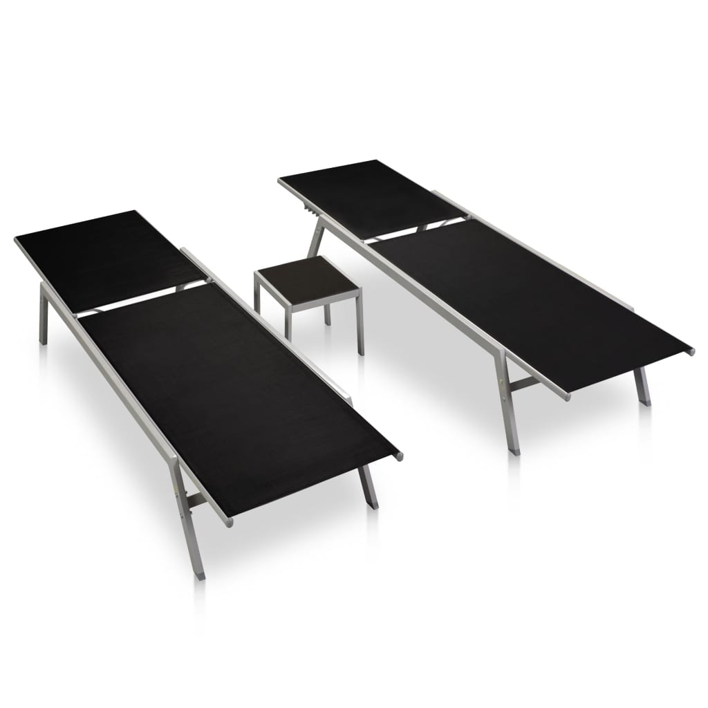 Sun loungers with table 2 pcs steel and black textilene