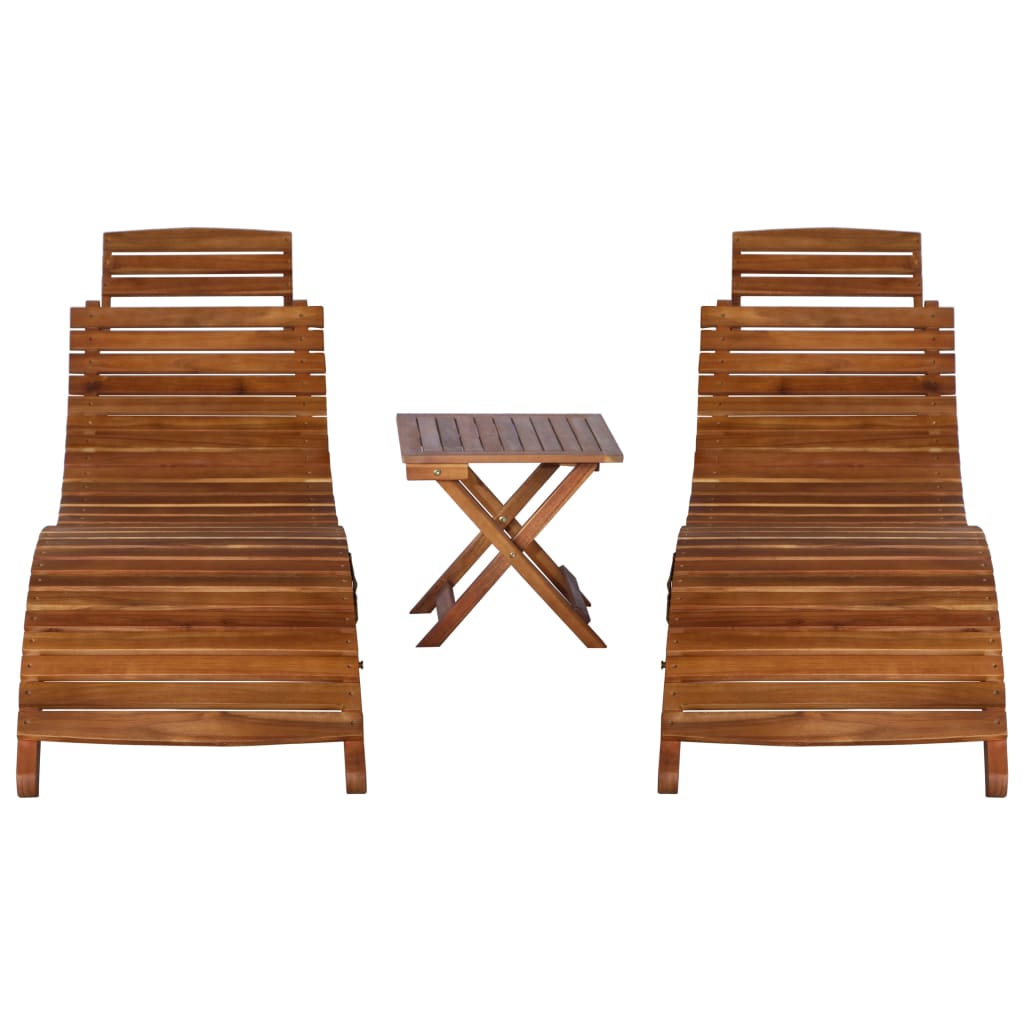 3 pcs sun lounger with coffee table in solid acacia wood