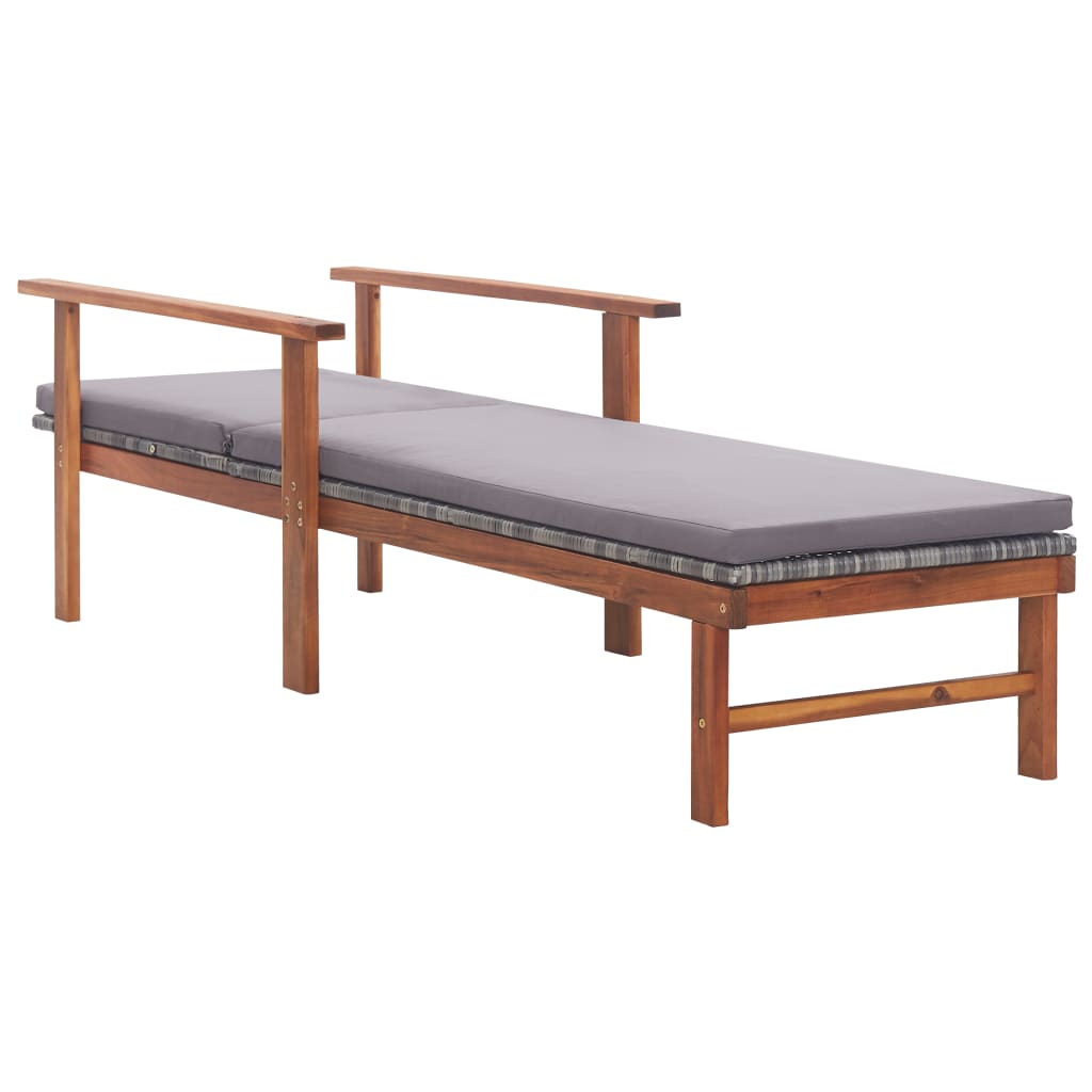 Sun lounger with cushion in PE wicker and grey acacia wood