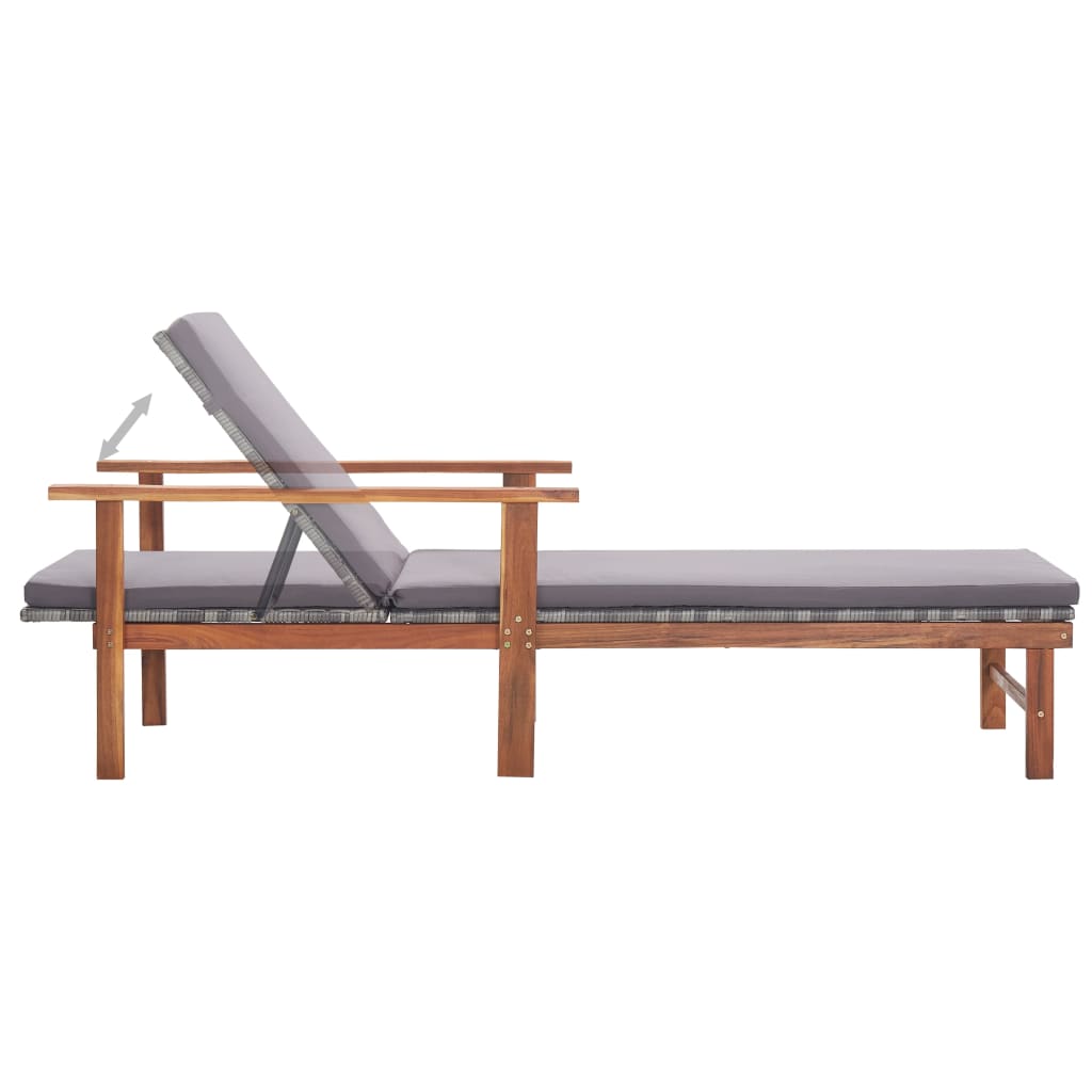 Sun lounger with cushion in PE wicker and grey acacia wood