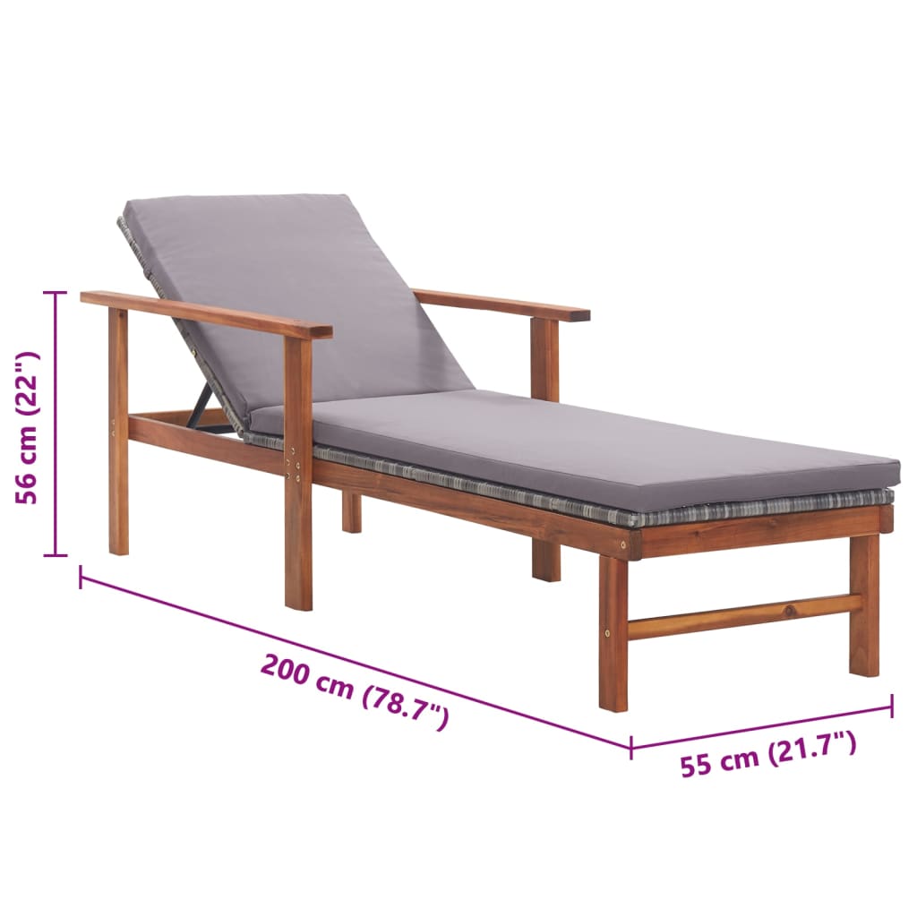 Sun lounger with cushion in PE wicker and grey acacia wood