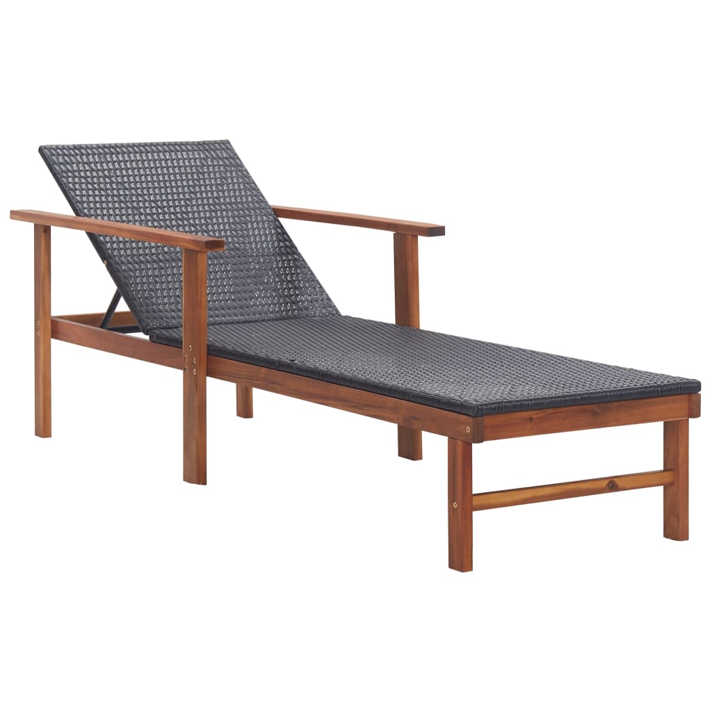 Sun lounger in PE wicker and solid acacia wood in black