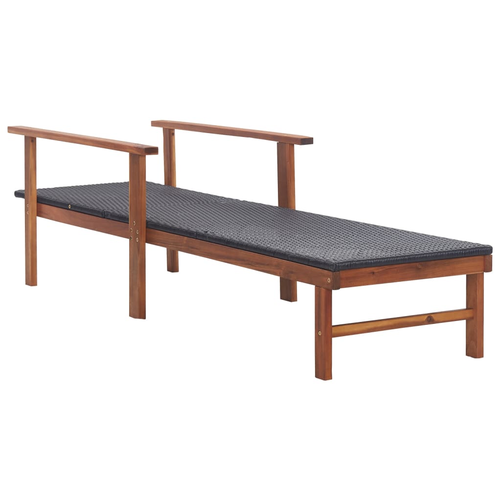 Sun lounger in PE wicker and solid acacia wood in black