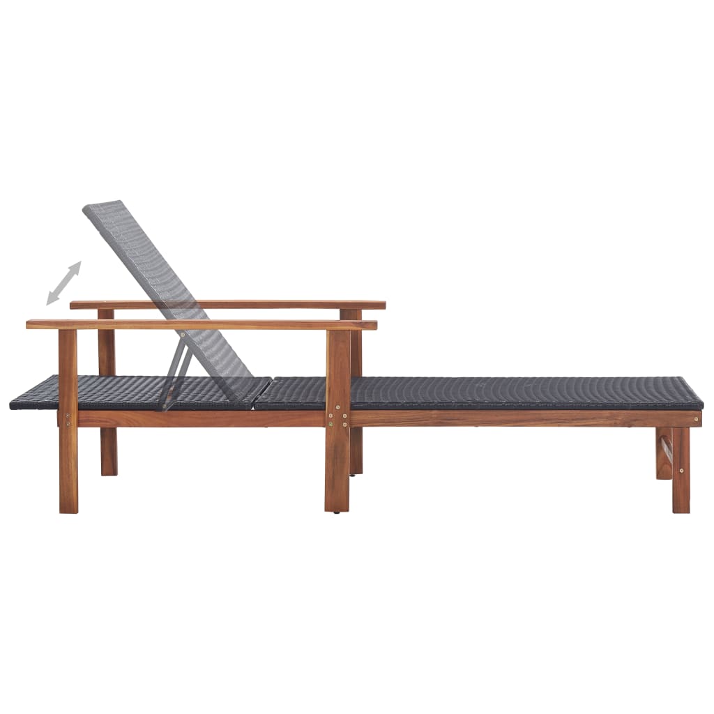 Sun lounger in PE wicker and solid acacia wood in black
