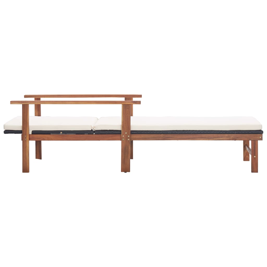 Sun lounger with cushion in PE wicker and black acacia wood