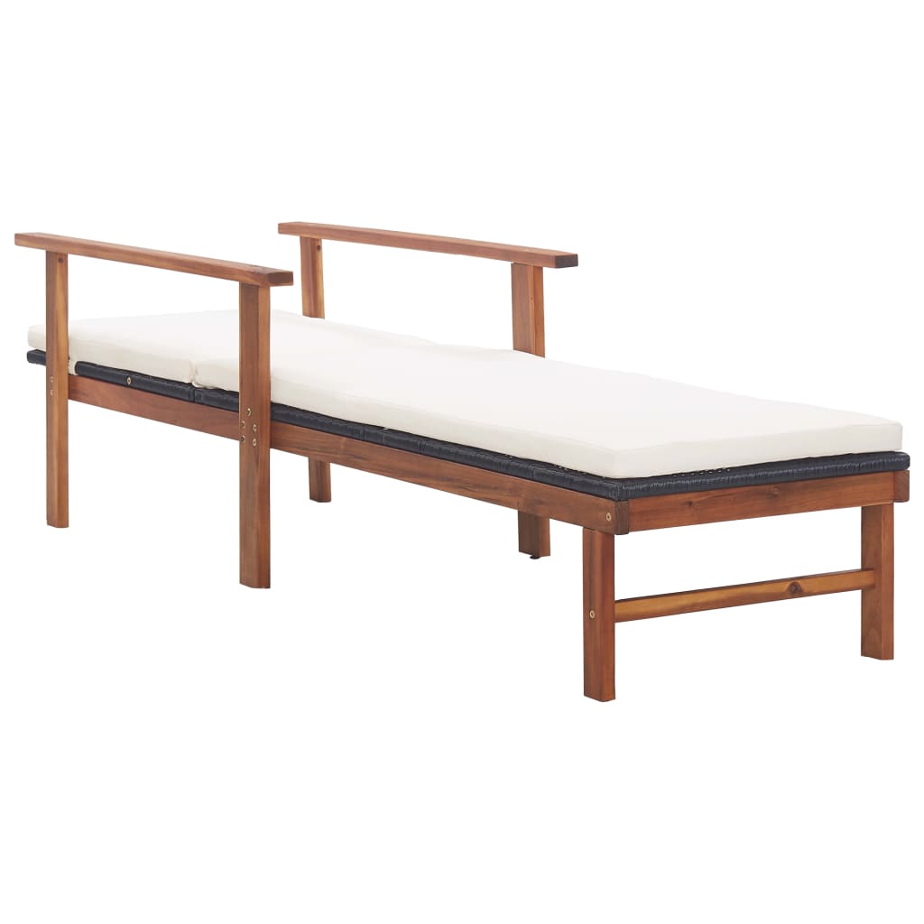 Sun lounger with cushion in PE wicker and black acacia wood
