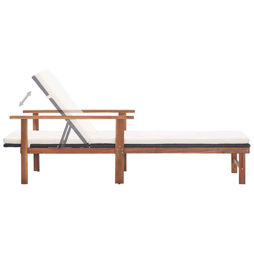 Sun lounger with cushion in PE wicker and black acacia wood