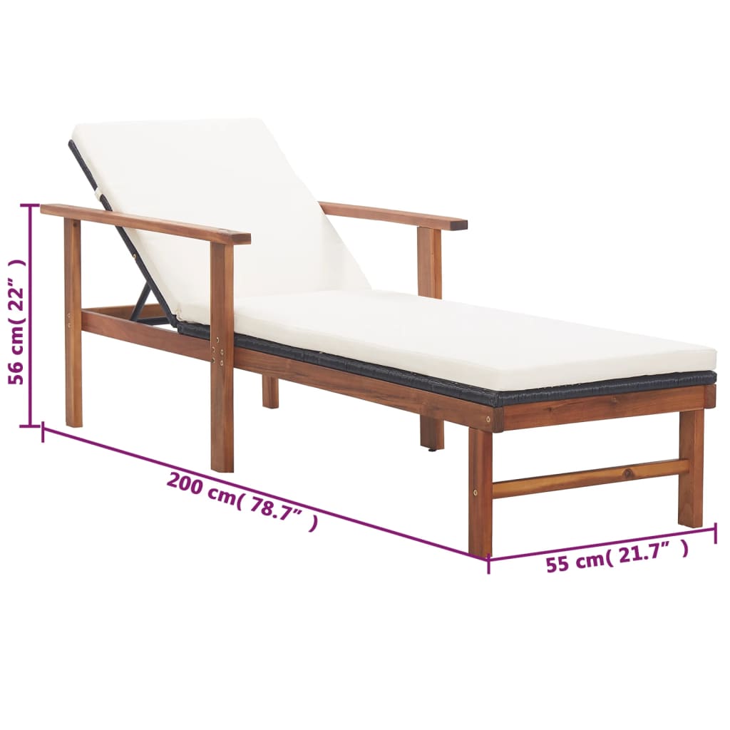 Sun lounger with cushion in PE wicker and black acacia wood