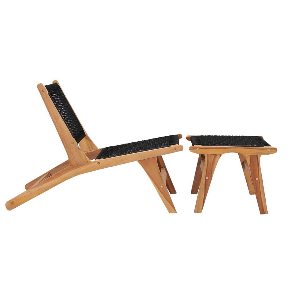 Sun lounger with footrest in solid teak wood and rope