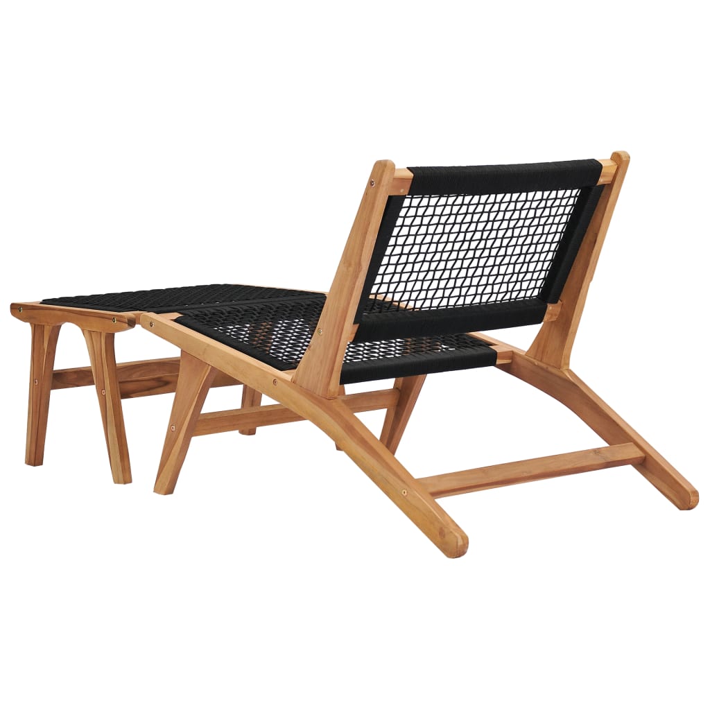 Sun lounger with footrest in solid teak wood and rope
