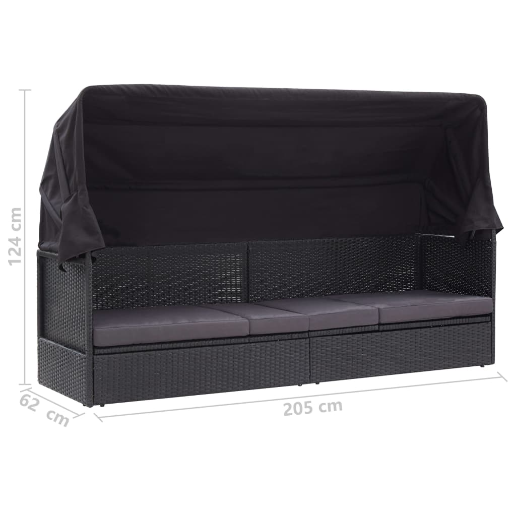 Outdoor sofa bed with canopy in black PE wicker