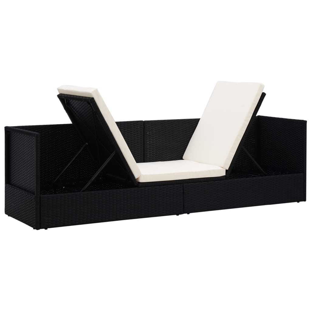 Garden sun lounger with cushion and pillows in black PE wicker
