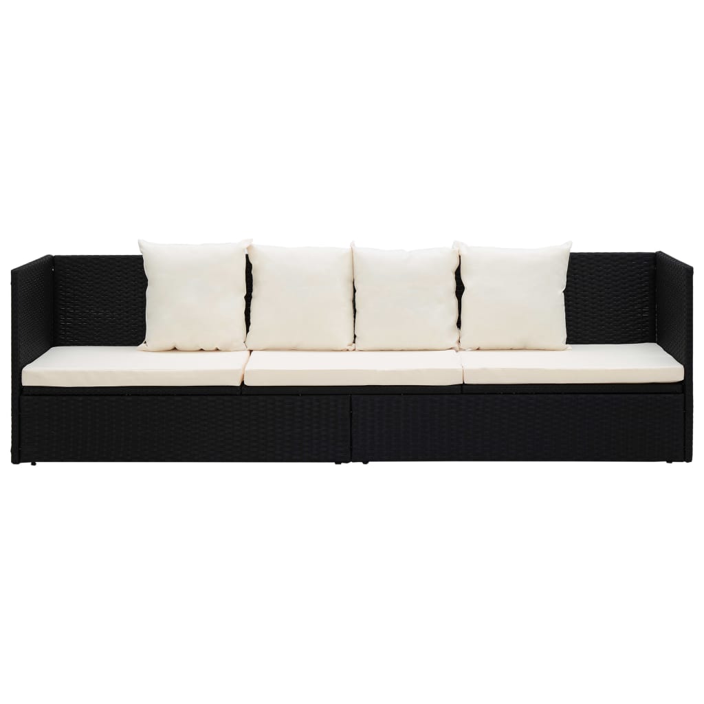 Garden sun lounger with cushion and pillows in black PE wicker