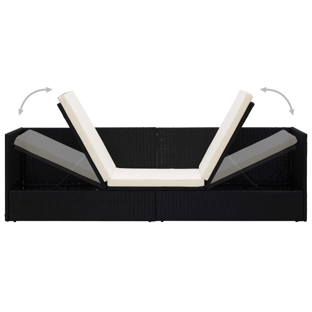 Garden sun lounger with cushion and pillows in black PE wicker