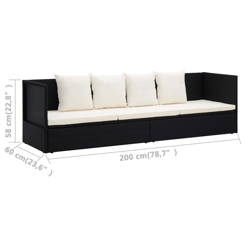 Garden sun lounger with cushion and pillows in black PE wicker