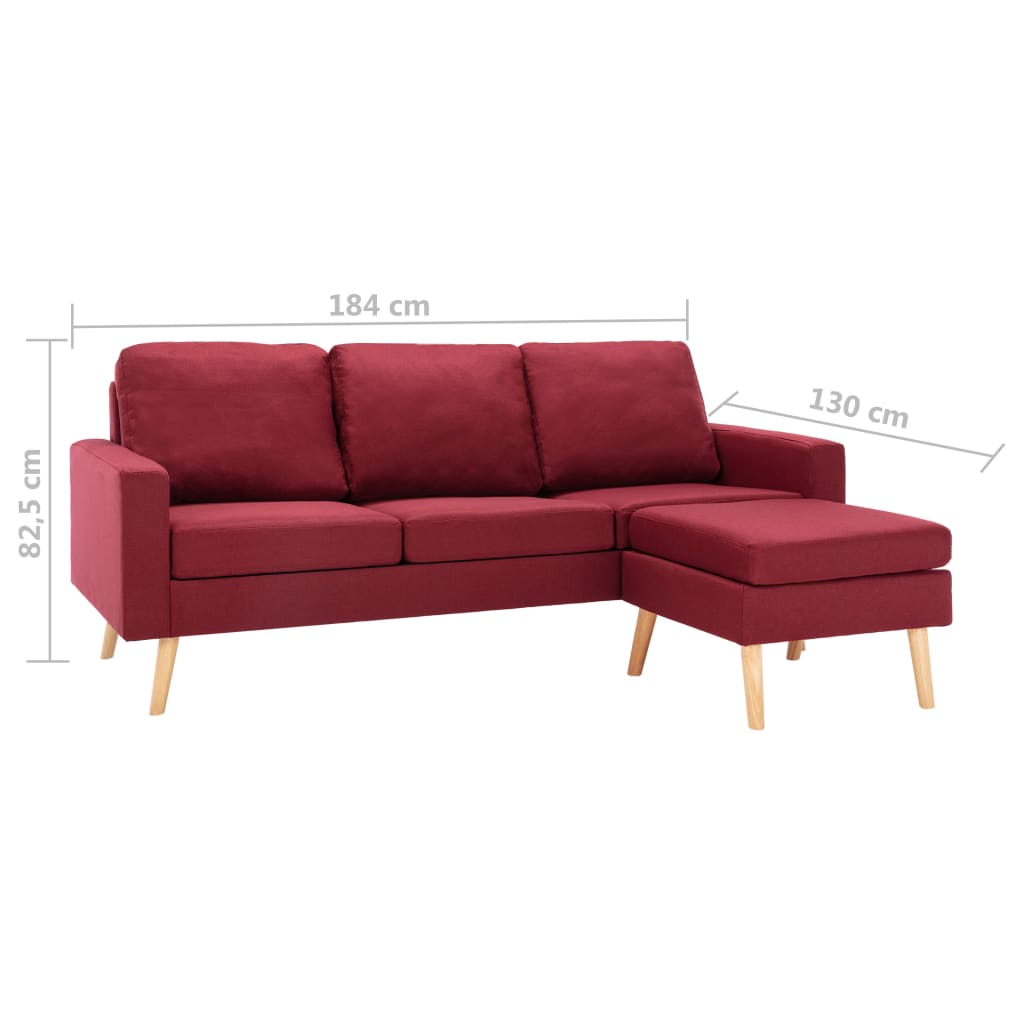 Sofá de 3 lugares com apoio de pés tecido vermelho tinto