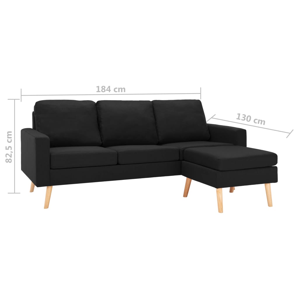 3 seater sofa with footrest in black fabric