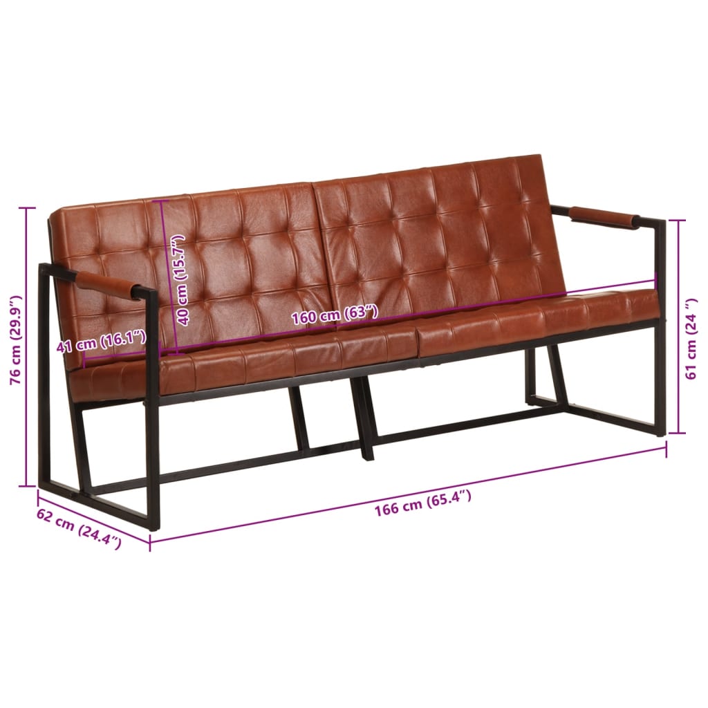 3 seater sofa in genuine goat leather brown
