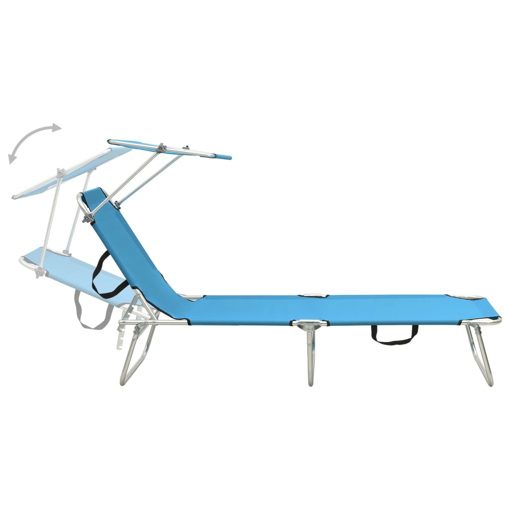 Folding sun lounger with turquoise and blue steel canopy