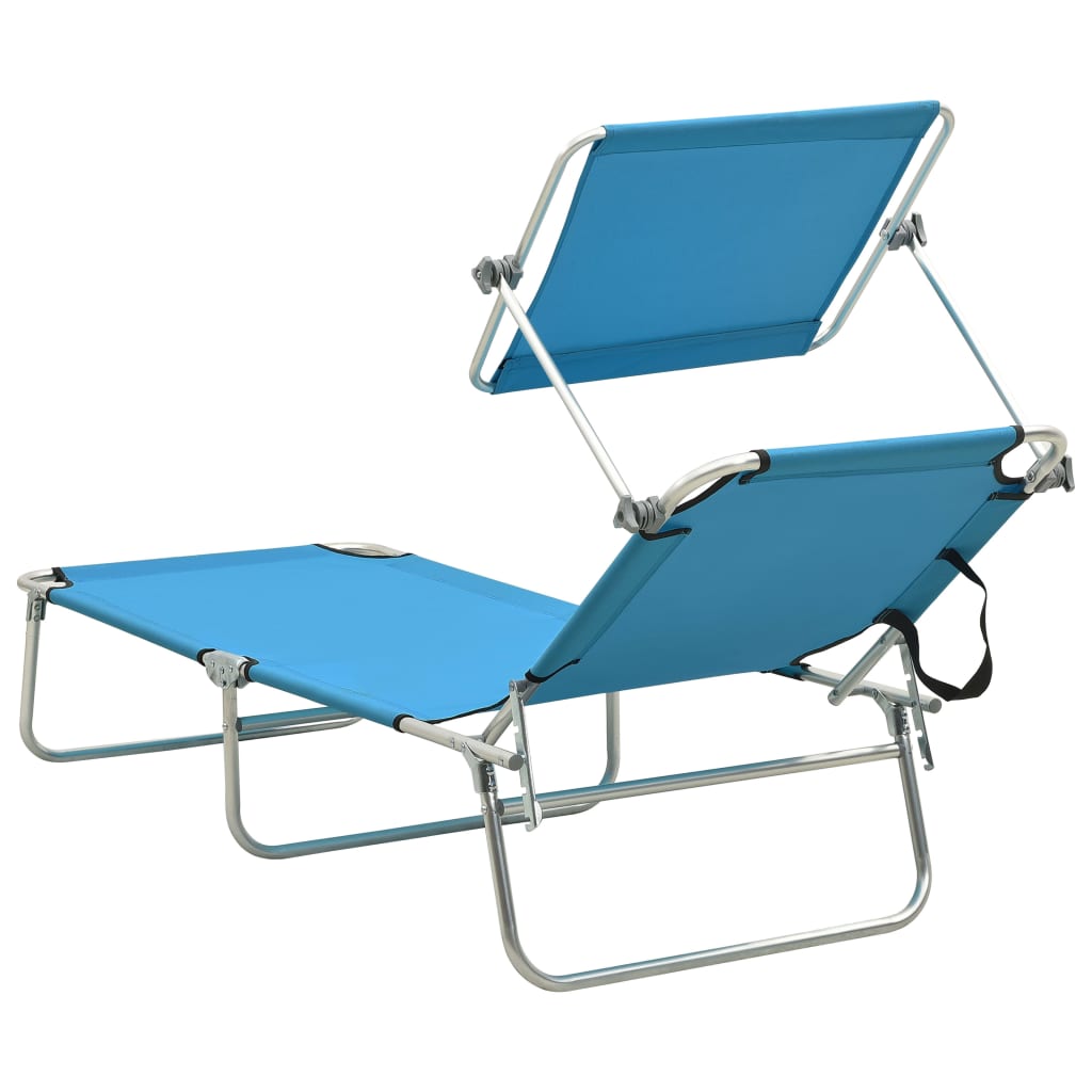 Folding sun lounger with turquoise and blue steel canopy